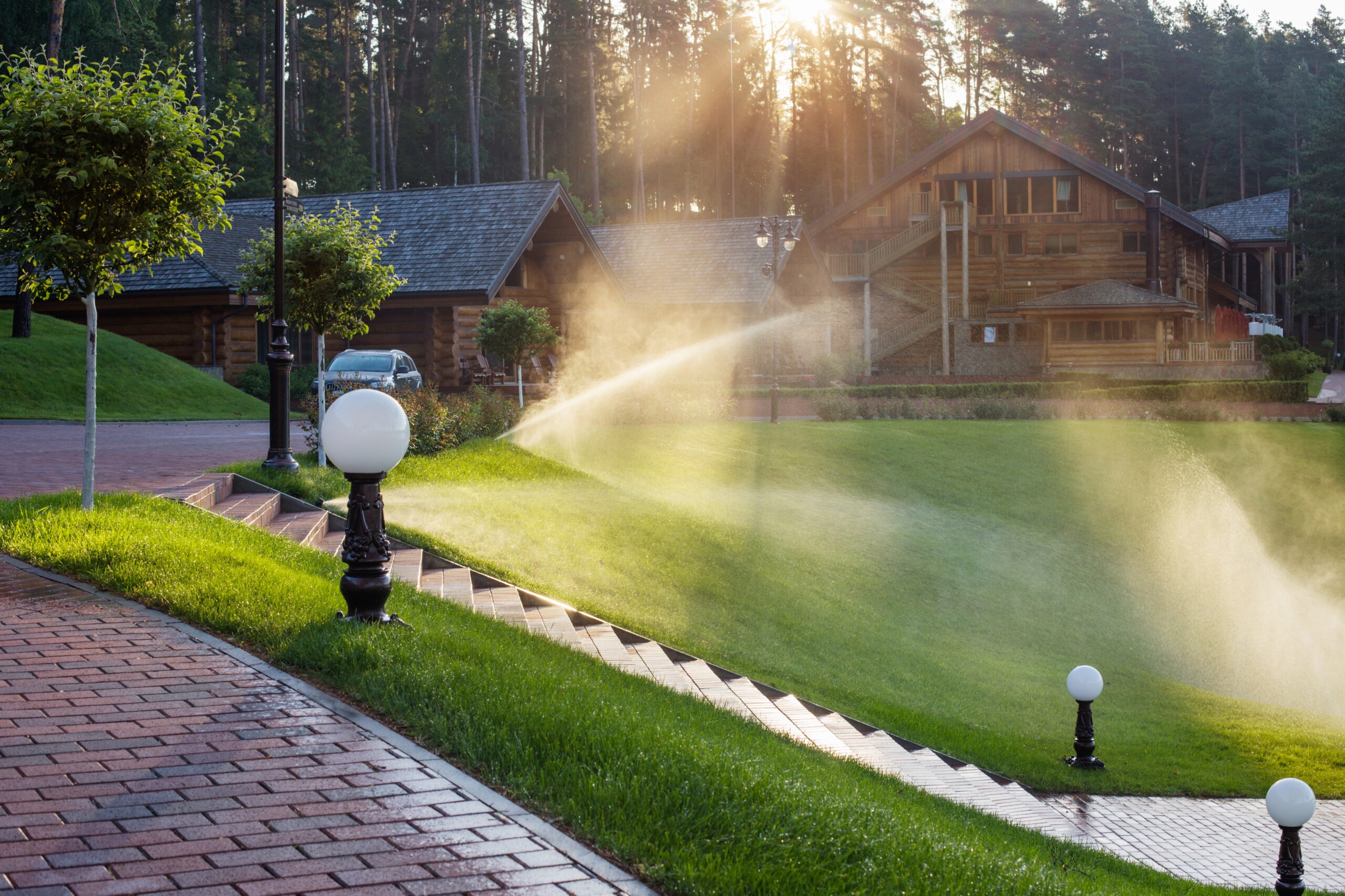 Sprinklers activate on lush green grass adjacent to a pathway